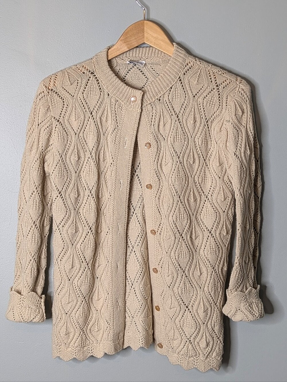 Vintage Ecru Knit Textured Long Sleeve Button Down Grandma Sweater Size S 8